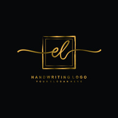 Initial E L handwriting logo design, with brush box lines gold color. handwritten logo for fashion, team, wedding, luxury logo.