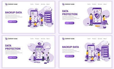 Obraz na płótnie Canvas Set of web page design templates for backup data, data protection. Can use for web banner, poster, infographics, landing page, web template. Flat vector illustration