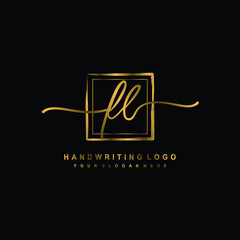 Initial F L handwriting logo design, with brush box lines gold color. handwritten logo for fashion, team, wedding, luxury logo.