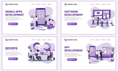 Set of web page design templates for computer programmers, mobile and web app development. Can use for web banner, poster, infographics, landing page, web template. Flat vector illustration