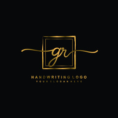 Initial G R handwriting logo design, with brush box lines gold color. handwritten logo for fashion, team, wedding, luxury logo.