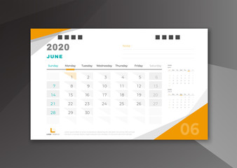 June 2020 desk calendar white and yellow theme