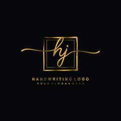Initial H J handwriting logo design, with brush box lines gold color. handwritten logo for fashion, team, wedding, luxury logo.