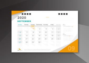 September 2020 desk calendar white and yellow theme