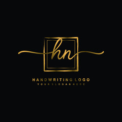 Initial H N handwriting logo design, with brush box lines gold color. handwritten logo for fashion, team, wedding, luxury logo.