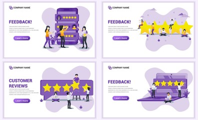 Fototapeta premium Set of web page design templates for Customer review, satisfaction, positive feedback. Can use for web banner, poster, infographics, landing page, web template. Flat vector illustration