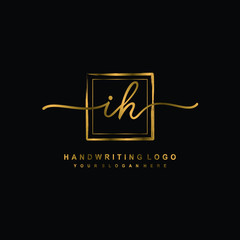 Initial I H handwriting logo design, with brush box lines gold color. handwritten logo for fashion, team, wedding, luxury logo.