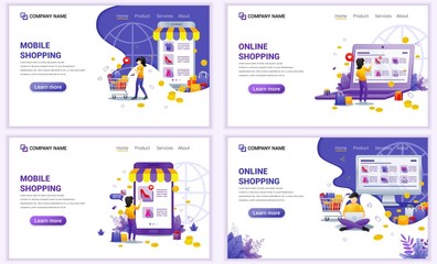 Set of web page design templates for Online shopping concept. Can use for web banner, poster, infographics, landing page, web template. Flat vector illustration