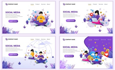 Obraz na płótnie Canvas Set of web page design templates for social media concept. Can use for web banner, poster, infographics, landing page, web template. Flat vector illustration
