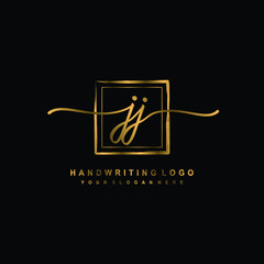Initial J J handwriting logo design, with brush box lines gold color. handwritten logo for fashion, team, wedding, luxury logo.