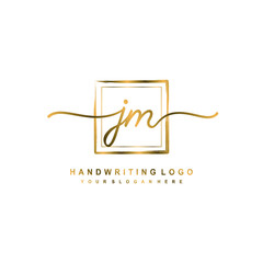 Initial J M handwriting logo design, with brush box lines gold color. handwritten logo for fashion, team, wedding, luxury logo.
