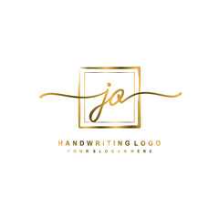 Initial J O handwriting logo design, with brush box lines gold color. handwritten logo for fashion, team, wedding, luxury logo.
