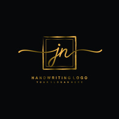 Initial J N handwriting logo design, with brush box lines gold color. handwritten logo for fashion, team, wedding, luxury logo.