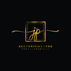 Initial J P handwriting logo design, with brush box lines gold color. handwritten logo for fashion, team, wedding, luxury logo.