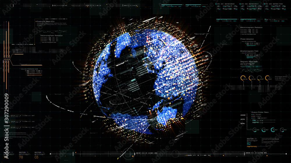Aufkleber Futuristic HUD global 5G worldwide communication via broadband internet connections between cities around the world with matrix particles continent map for head up display background