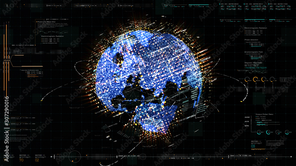 Poster Futuristic HUD global 5G worldwide communication via broadband internet connections between cities around the world with matrix particles continent map for head up display background