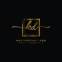 Initial K D handwriting logo design, with brush box lines gold color. handwritten logo for fashion, team, wedding, luxury logo.