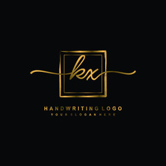 Initial K X handwriting logo design, with brush box lines gold color. handwritten logo for fashion, team, wedding, luxury logo.
