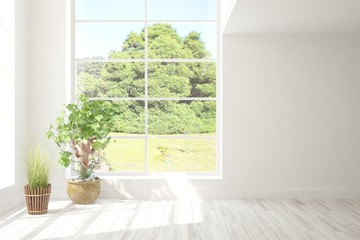 Stylish empty room in white color with summer landscape in window. Scandinavian interior design. 3D illustration