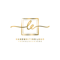 Initial L E handwriting logo design, with brush box lines gold color. handwritten logo for fashion, team, wedding, luxury logo.