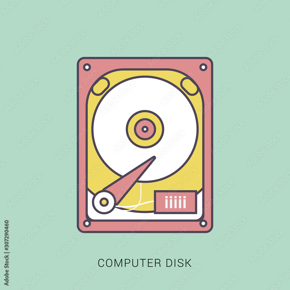 Poster flat hard drive disk icon for web. red and green color with outline concept.