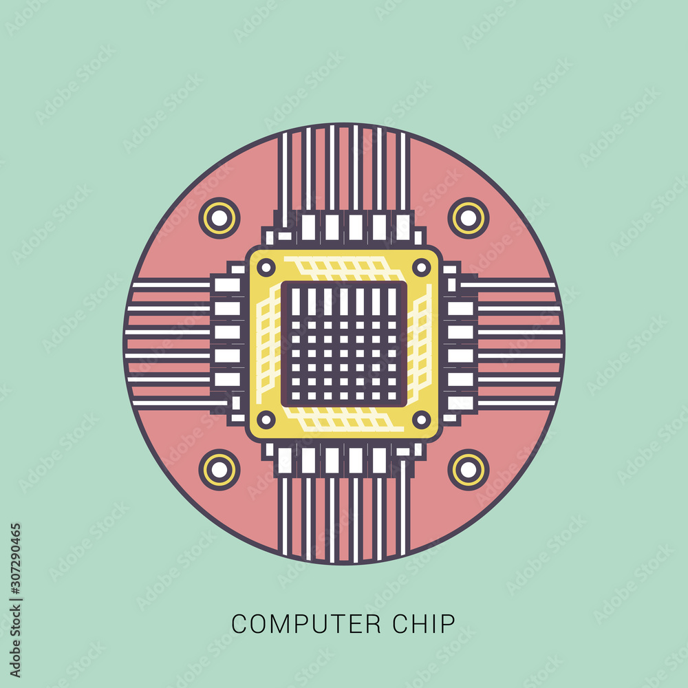 Poster flat style icon computer processor with microcircuits. red and green color with outline concept.