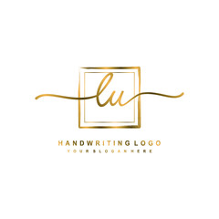 Initial L U handwriting logo design, with brush box lines gold color. handwritten logo for fashion, team, wedding, luxury logo.