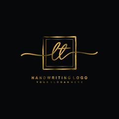 Initial L T handwriting logo design, with brush box lines gold color. handwritten logo for fashion, team, wedding, luxury logo.