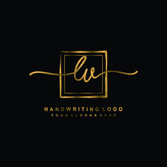 Initial L V handwriting logo design, with brush box lines gold color. handwritten logo for fashion, team, wedding, luxury logo.