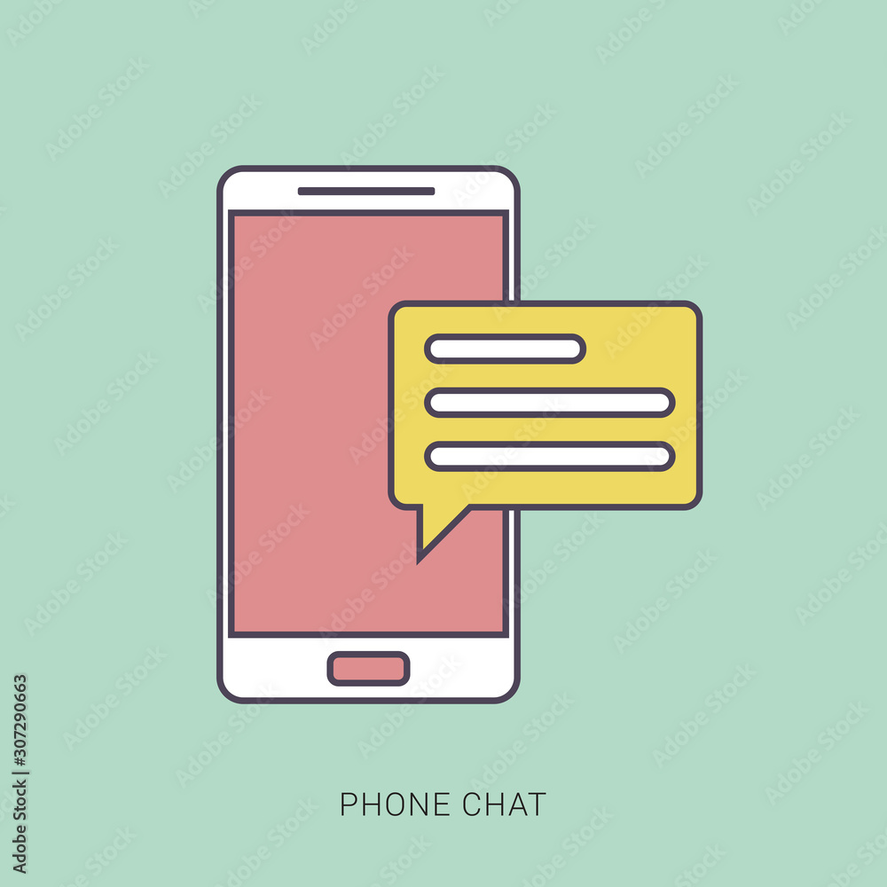 Poster new chat messages notification on phone flat design. red and green color with outline concept.