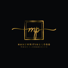 Initial M P handwriting logo design, with brush box lines gold color. handwritten logo for fashion, team, wedding, luxury logo.