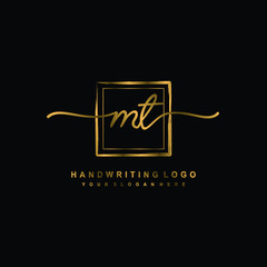 Initial M T handwriting logo design, with brush box lines gold color. handwritten logo for fashion, team, wedding, luxury logo.