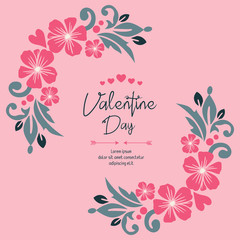 Elegant lettering of valentine day, with nature leaf frame and pink flower. Vector