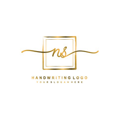 Initial N S handwriting logo design, with brush box lines gold color. handwritten logo for fashion, team, wedding, luxury logo.
