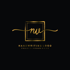 Initial N V handwriting logo design, with brush box lines gold color. handwritten logo for fashion, team, wedding, luxury logo.