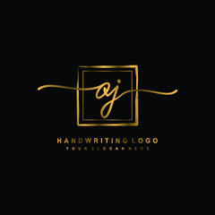 Initial O J handwriting logo design, with brush box lines gold color. handwritten logo for fashion, team, wedding, luxury logo.