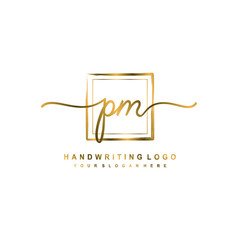 Initial P M handwriting logo design, with brush box lines gold color. handwritten logo for fashion, team, wedding, luxury logo.
