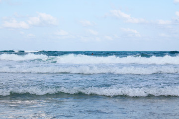 Seashore at Bat Yam, Israel. Waves on the blue stormy sea. Mediterranean coastline. Travelling picture