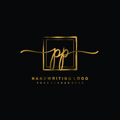 Initial P P handwriting logo design, with brush box lines gold color. handwritten logo for fashion, team, wedding, luxury logo.