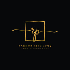 Initial R P handwriting logo design, with brush box lines gold color. handwritten logo for fashion, team, wedding, luxury logo.