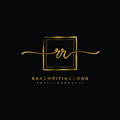 Initial R R handwriting logo design, with brush box lines gold color. handwritten logo for fashion, team, wedding, luxury logo.