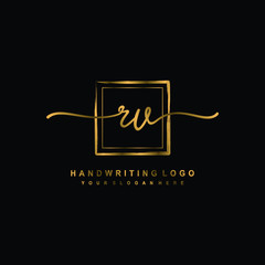 Initial R V handwriting logo design, with brush box lines gold color. handwritten logo for fashion, team, wedding, luxury logo.
