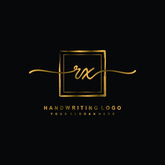 Initial R X handwriting logo design, with brush box lines gold color. handwritten logo for fashion, team, wedding, luxury logo.