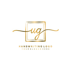 Initial U G handwriting logo design, with brush box lines gold color. handwritten logo for fashion, team, wedding, luxury logo.