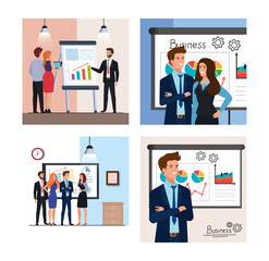 set of scenes business people meeting with infographics presentation vector illustration design