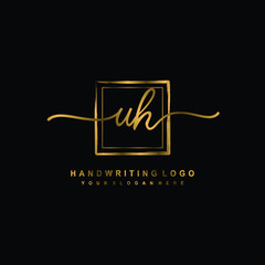 Initial U H handwriting logo design, with brush box lines gold color. handwritten logo for fashion, team, wedding, luxury logo.