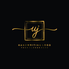 Initial U J handwriting logo design, with brush box lines gold color. handwritten logo for fashion, team, wedding, luxury logo.