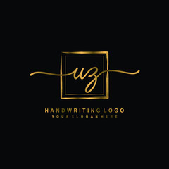 Initial U Z handwriting logo design, with brush box lines gold color. handwritten logo for fashion, team, wedding, luxury logo.