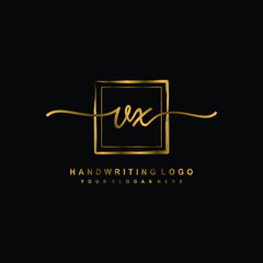 Initial V X handwriting logo design, with brush box lines gold color. handwritten logo for fashion, team, wedding, luxury logo.
