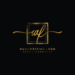 Initial W F handwriting logo design, with brush box lines gold color. handwritten logo for fashion, team, wedding, luxury logo.